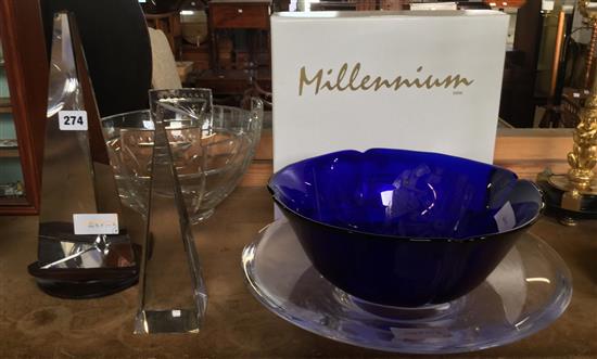 Glassware- 2 prismatic cut obelisks, a Millennium bowl and a Swedish dish